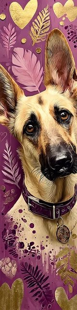 Free printable dog bookmark featuring begging german shepherd on violet with hearts and leaves